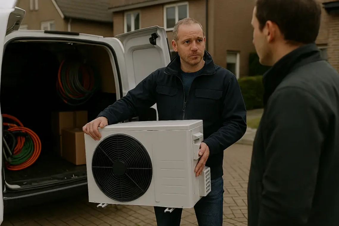 Een installateur in werkjas staat naast een bestelbus met open laadklep, houdt een warmtepomp vast terwijl hij een klant te woord staat op een oprit in een woonwijk